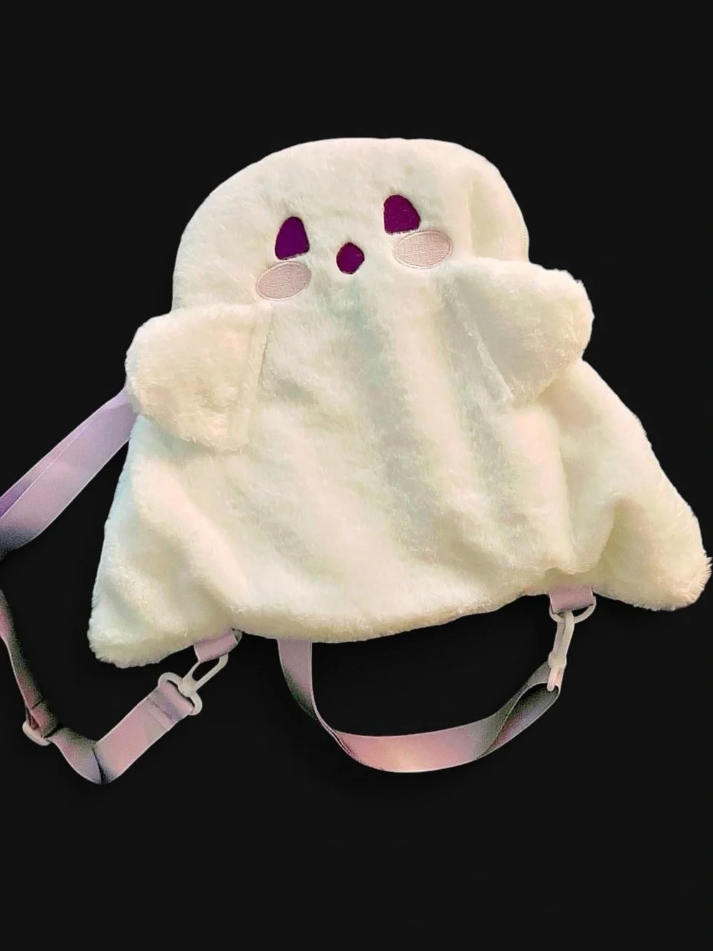 Plush White Ghost Backpack/shoulder bag with Purple eyes and pink cheeks. Kawai
